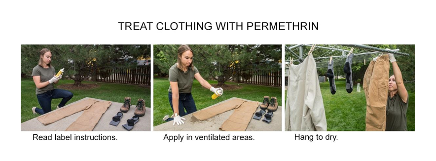 Image showing woman applying permethrin. Step 1: Read label instructions, Step 2: Apply in ventilated areas, Step 3: Hang to dry.