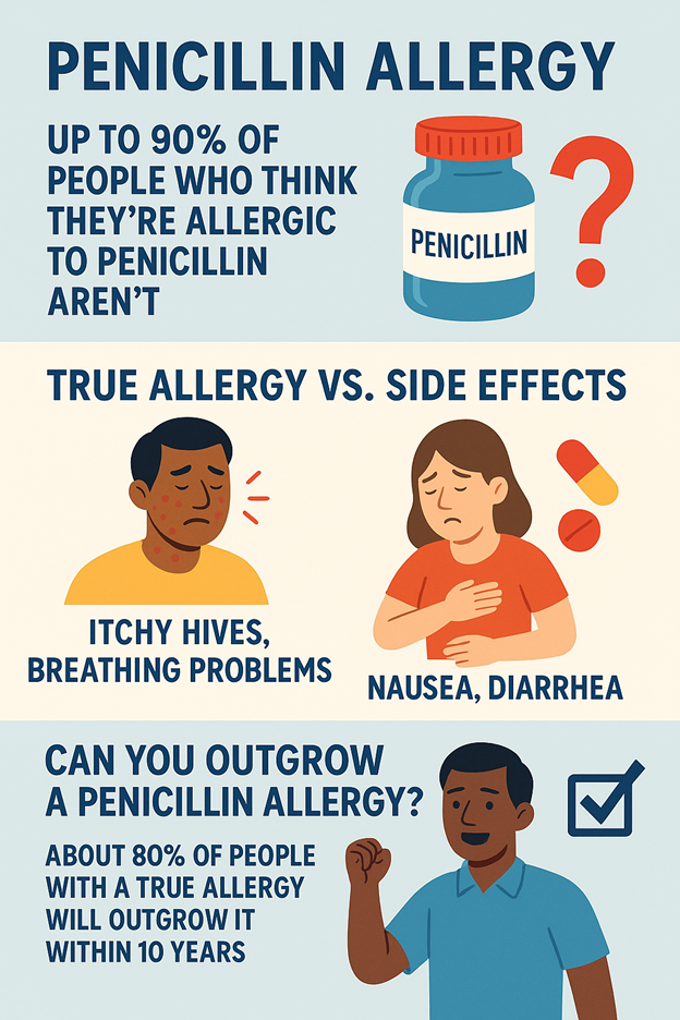 Up to 90% of people who think they're allergic to penicillin aren't. True allergy: itchy hives, breathing problems. Side effects: Nausea, diarrhea. Can you outgrow a penicillin allergy? About 80% of people with a true allergy will outgrow it within 10 years.