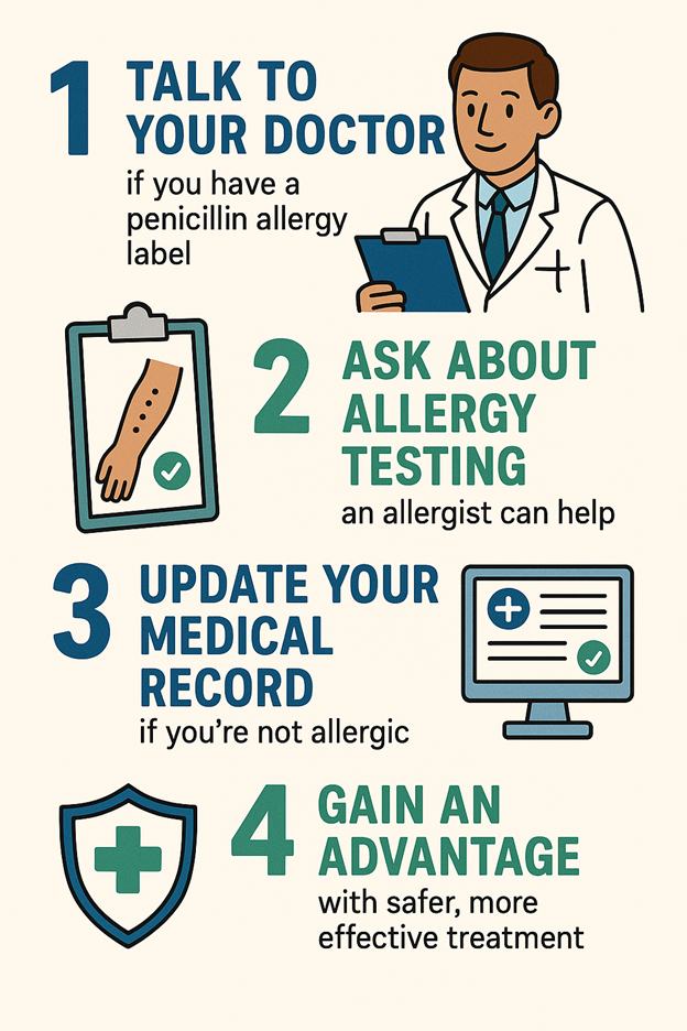 1. Talk to your doctor if you have a penicillin allergy
2. Ask about allergy testing an allergist can help
3. Update your medical record if you're not allergic
4. Gain an advantage with safer, more effective treatment