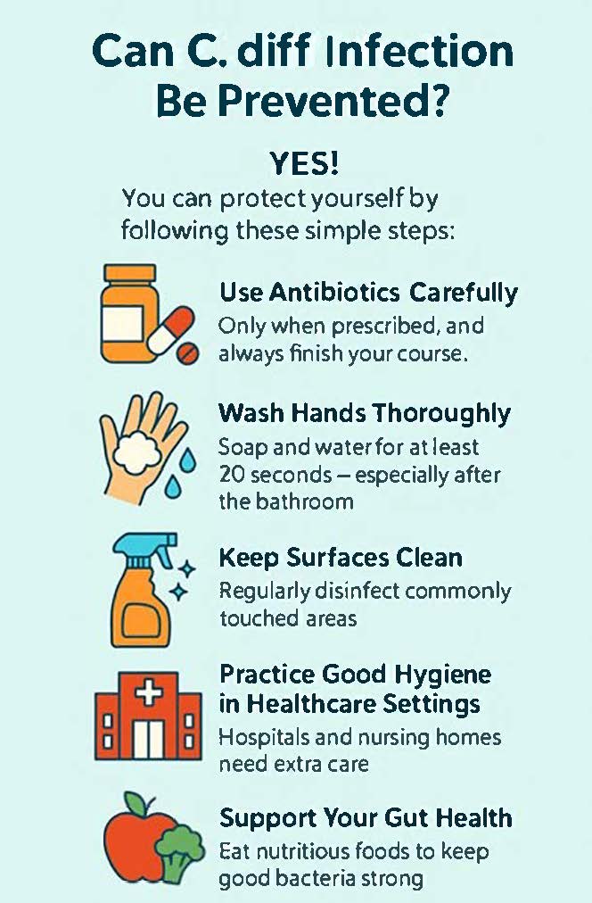 Can C. Diff Infection Be Prevented? YES! You can protect yourself by following these simple steps Use antibiotics carefully, only when prescribed and always finish your course. Wash hands thoroughly with soap and water for at least 20 seconds, especially after the bathroom. Keep surfaces clean. Regularly disinfect commonly-touched areas. Practice good hygiene in healthcare settings. Hospitals and nursing homes need extra care. Support your gut health. Eat nutritious foods to keep good bacteria strong.