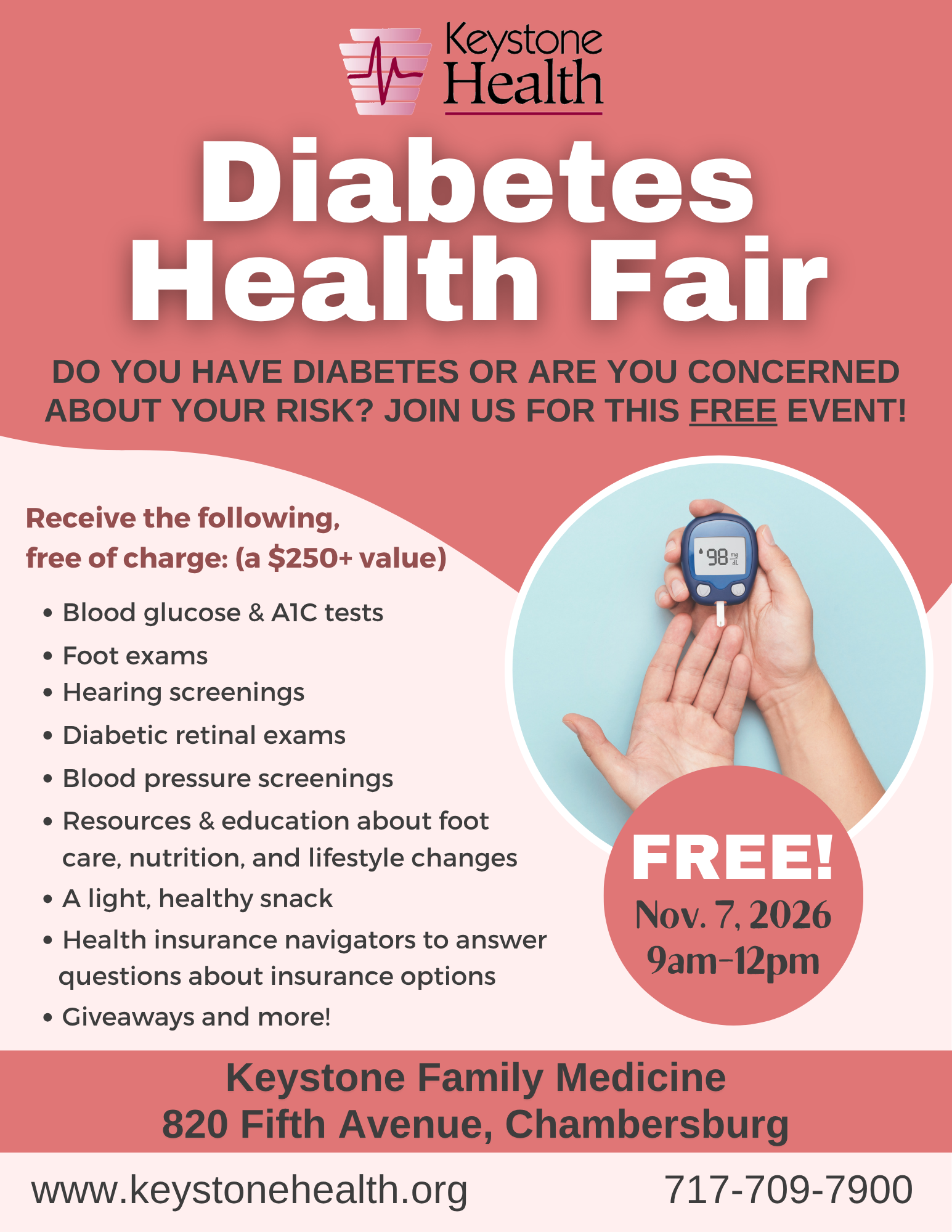 Flyer for “Diabetes Health Fair” on Nov. 7, 2026; includes free tests and screenings, resources, snacks, and giveaways at Keystone Family Medicine, Chambersburg. Features a hand holding a glucose meter.
